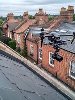 A small drone hovers above a residential property, capturing det